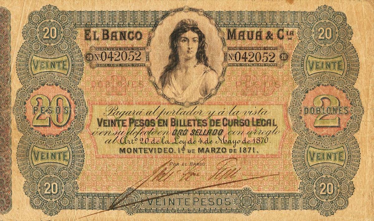Front of Uruguay pS292a: 20 Pesos from 1871