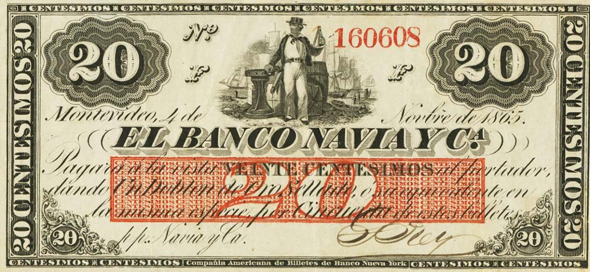 Front of Uruguay pS371: 20 Centesimos from 1865