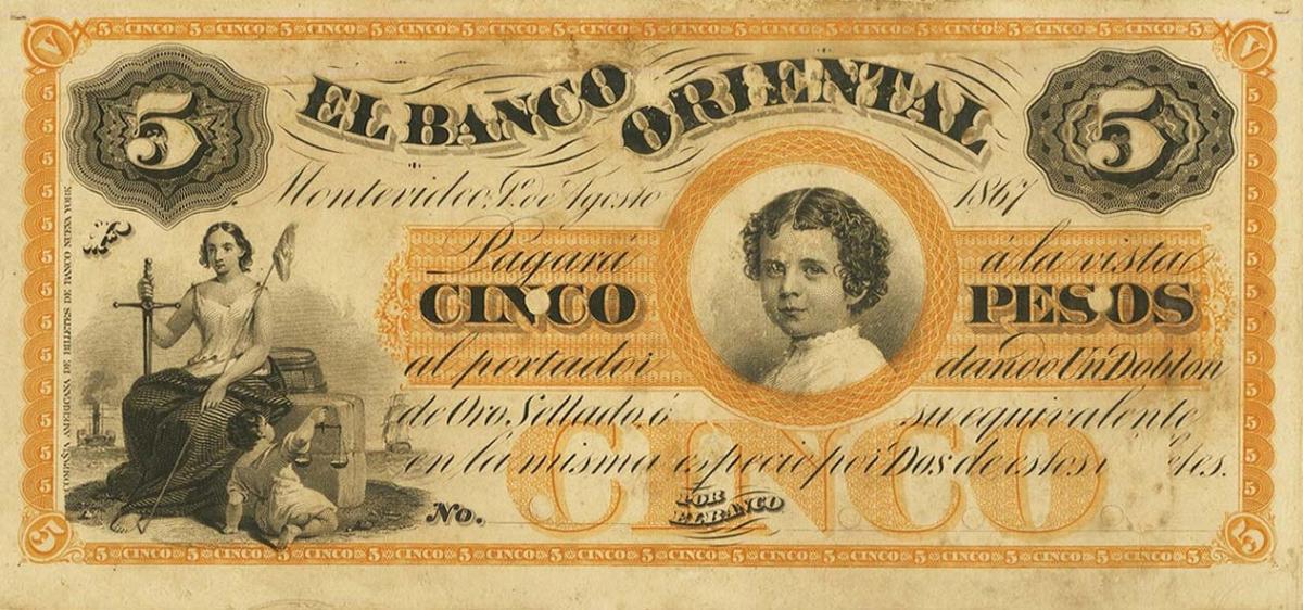 Front of Uruguay pS384p: 5 Pesos from 1867