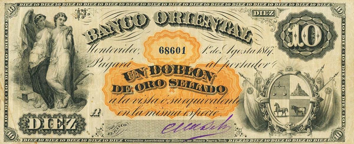 Front of Uruguay pS385a: 10 Pesos from 1867