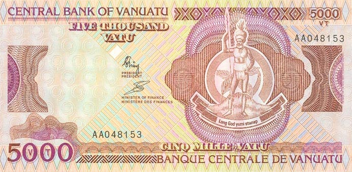 Front of Vanuatu p4a: 5000 Vatu from 1989