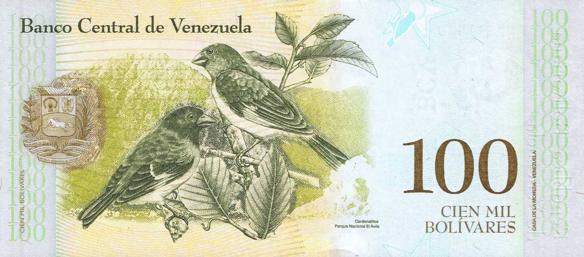 Back of Venezuela p100b: 100000 Bolivar from 2017
