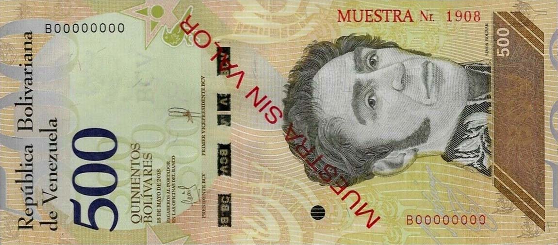 Front of Venezuela p108s: 500 Bolivar from 2018