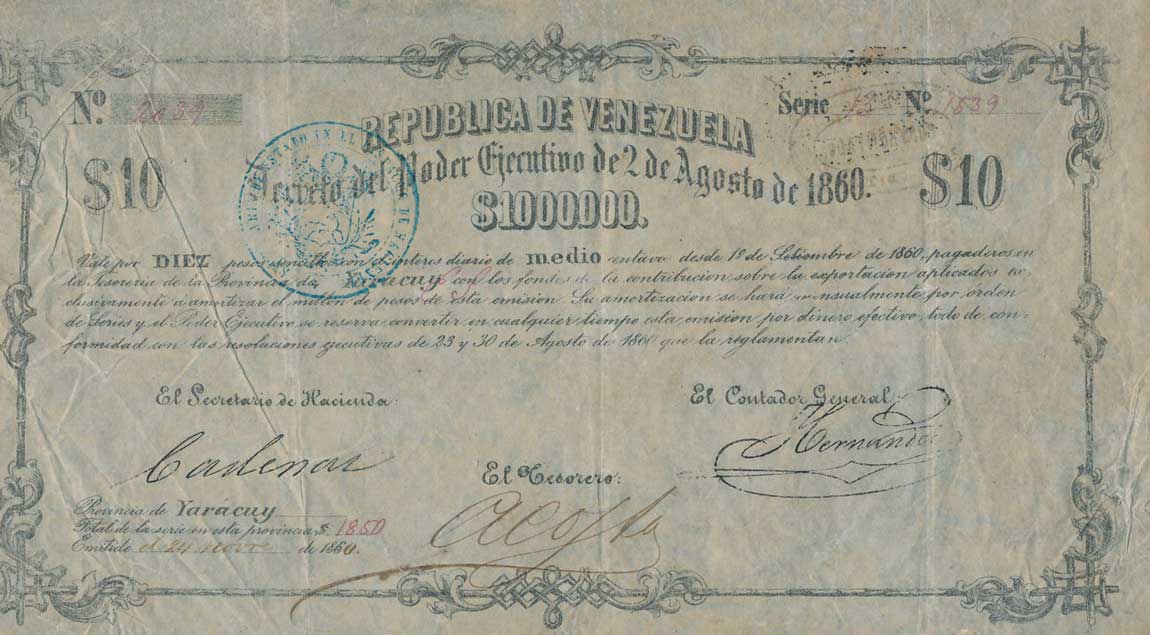 Front of Venezuela p21: 10 Pesos from 1860