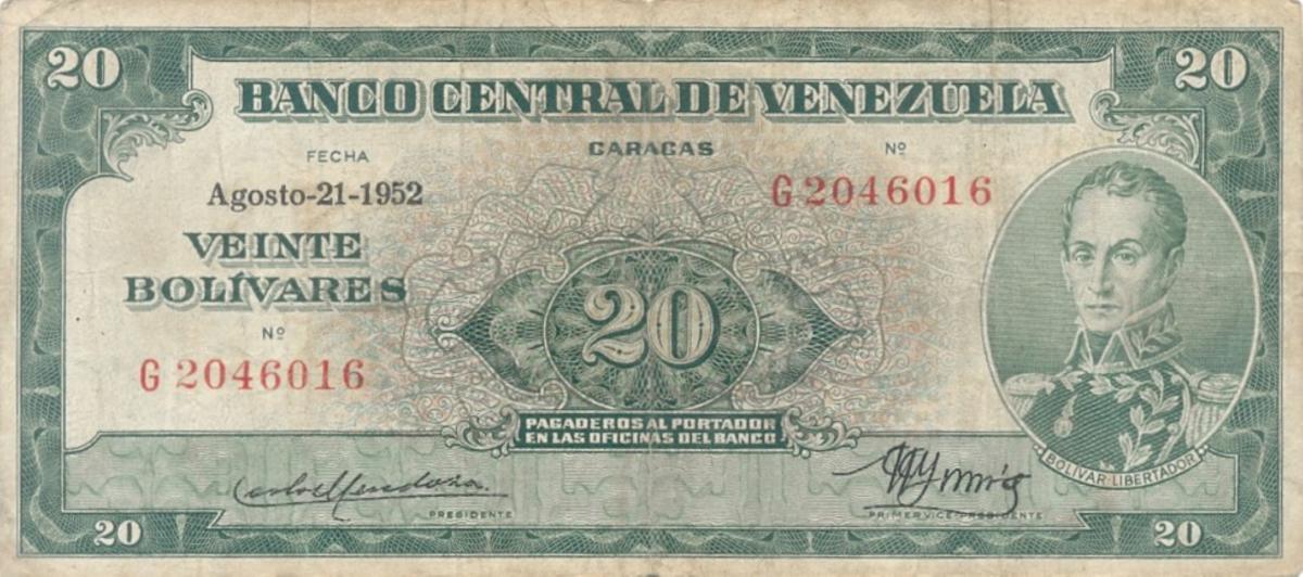 Front of Venezuela p32b: 20 Bolivares from 1952