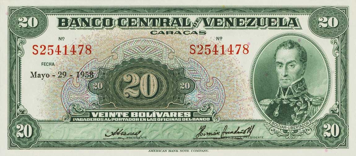 Front of Venezuela p32c: 20 Bolivares from 1953