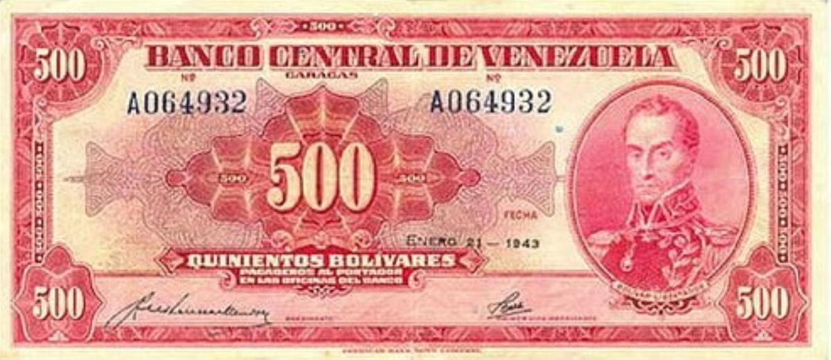 Front of Venezuela p36a: 500 Bolivares from 1943