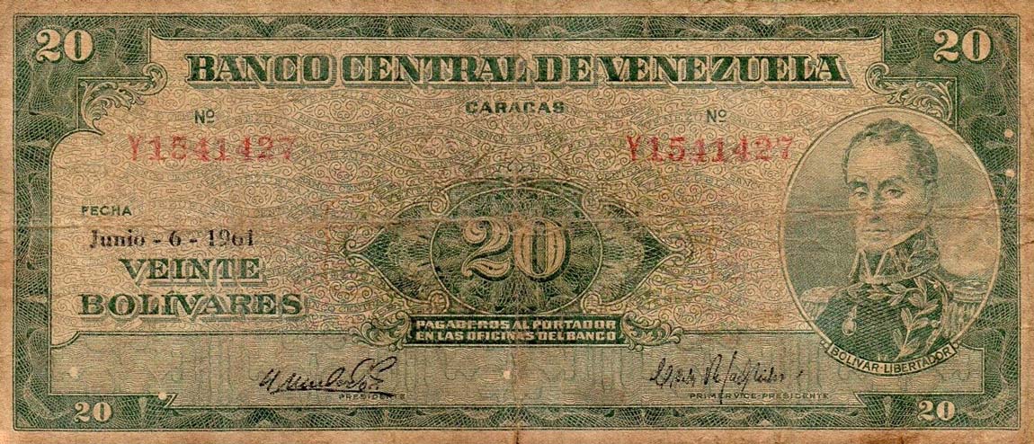 Front of Venezuela p43b: 20 Bolivares from 1961