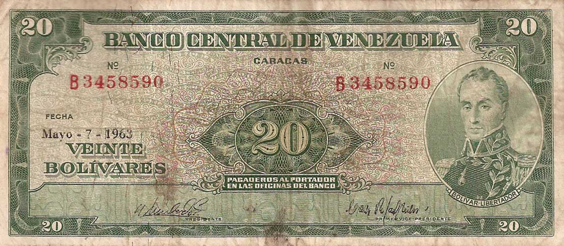 Front of Venezuela p43c: 20 Bolivares from 1963