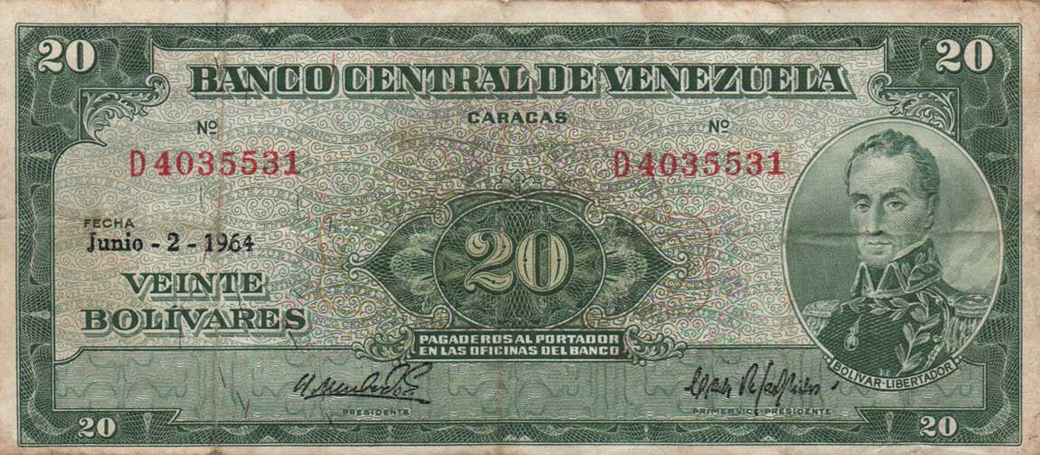 Front of Venezuela p43d: 20 Bolivares from 1964
