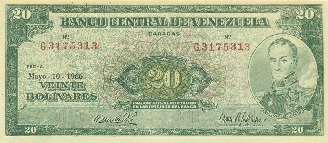 Front of Venezuela p43e: 20 Bolivares from 1966