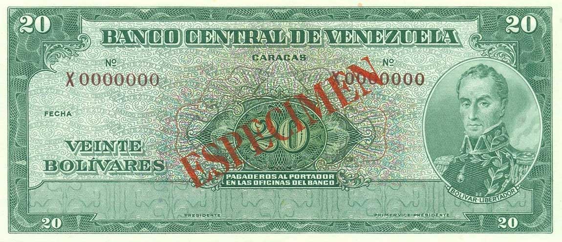 Front of Venezuela p43s1: 20 Bolivares from 1960