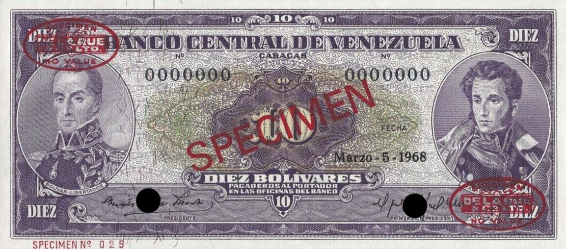 Front of Venezuela p45s: 10 Bolivares from 1963