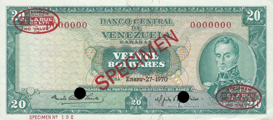 Front of Venezuela p46s2: 20 Bolivares from 1970