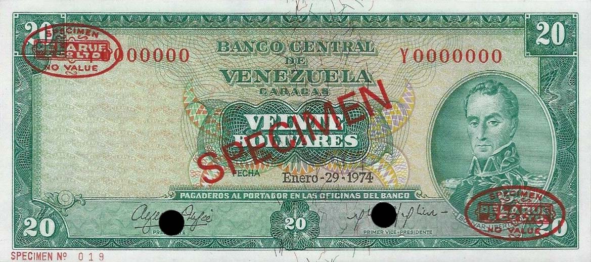Front of Venezuela p46s3: 20 Bolivares from 1974