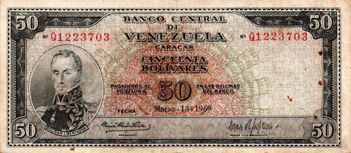 Front of Venezuela p47e: 50 Bolivares from 1969