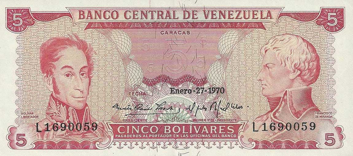 Front of Venezuela p50d: 5 Bolivares from 1970