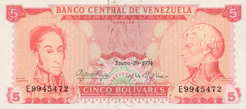 Front of Venezuela p50h: 5 Bolivares from 1974