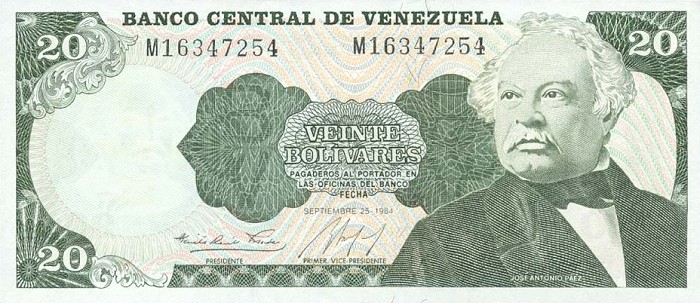 Front of Venezuela p64: 20 Bolivares from 1984