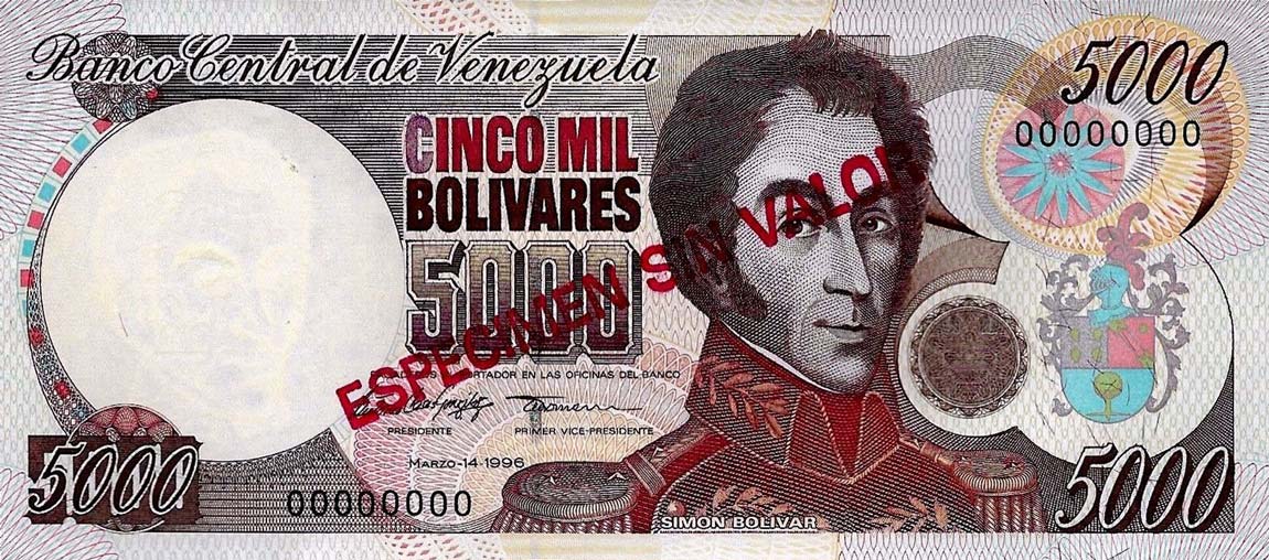 Front of Venezuela p75s: 5000 Bolivares from 1994