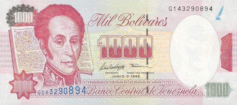 Front of Venezuela p76b: 1000 Bolivares from 1995