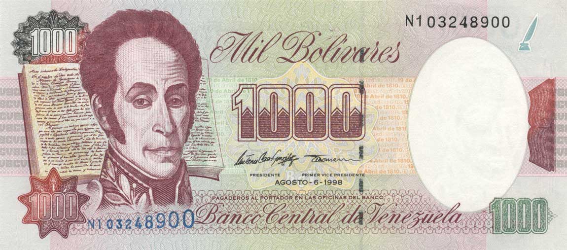 Front of Venezuela p76d: 1000 Bolivares from 1998