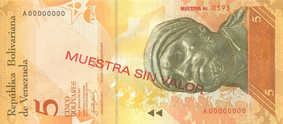Front of Venezuela p89s: 5 Bolivares from 2007