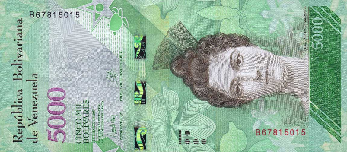 Front of Venezuela p97b: 5000 Bolivares from 2017