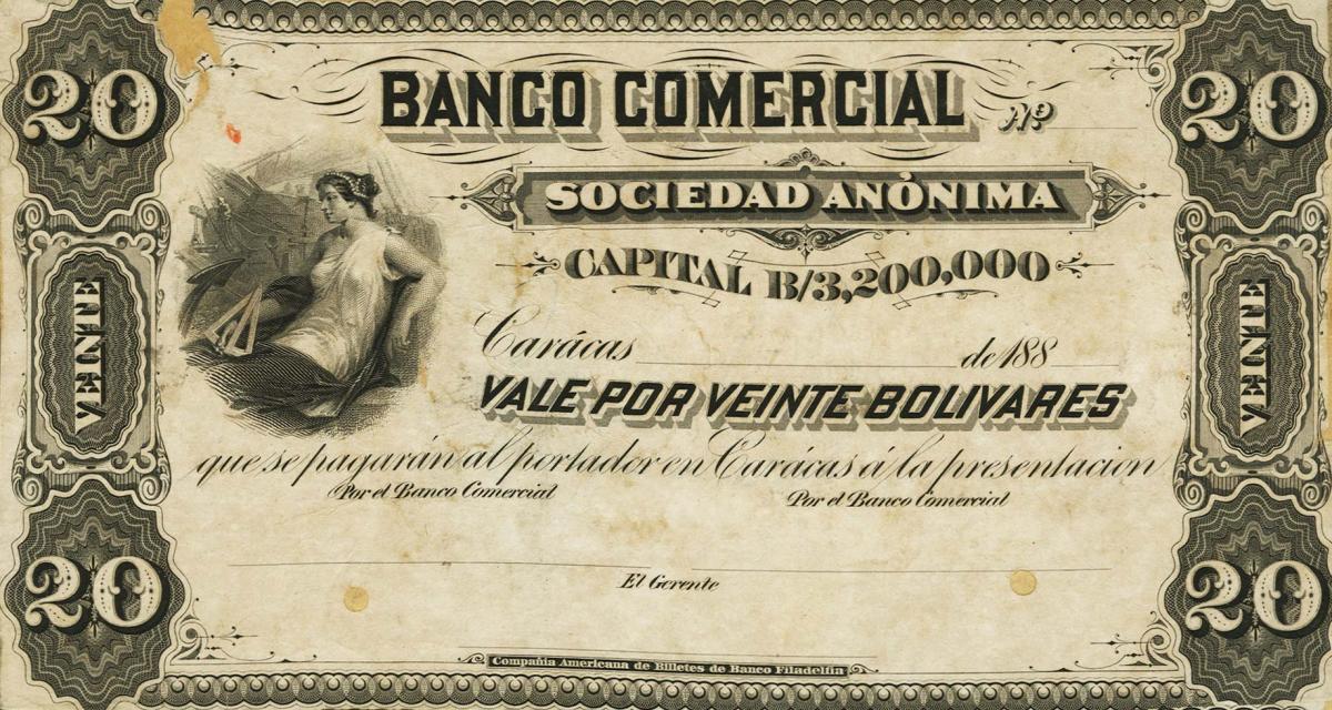 Front of Venezuela pS166: 20 Bolivares from 1880