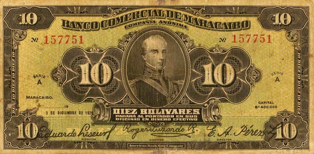 Front of Venezuela pS173a: 10 Bolivares from 1921