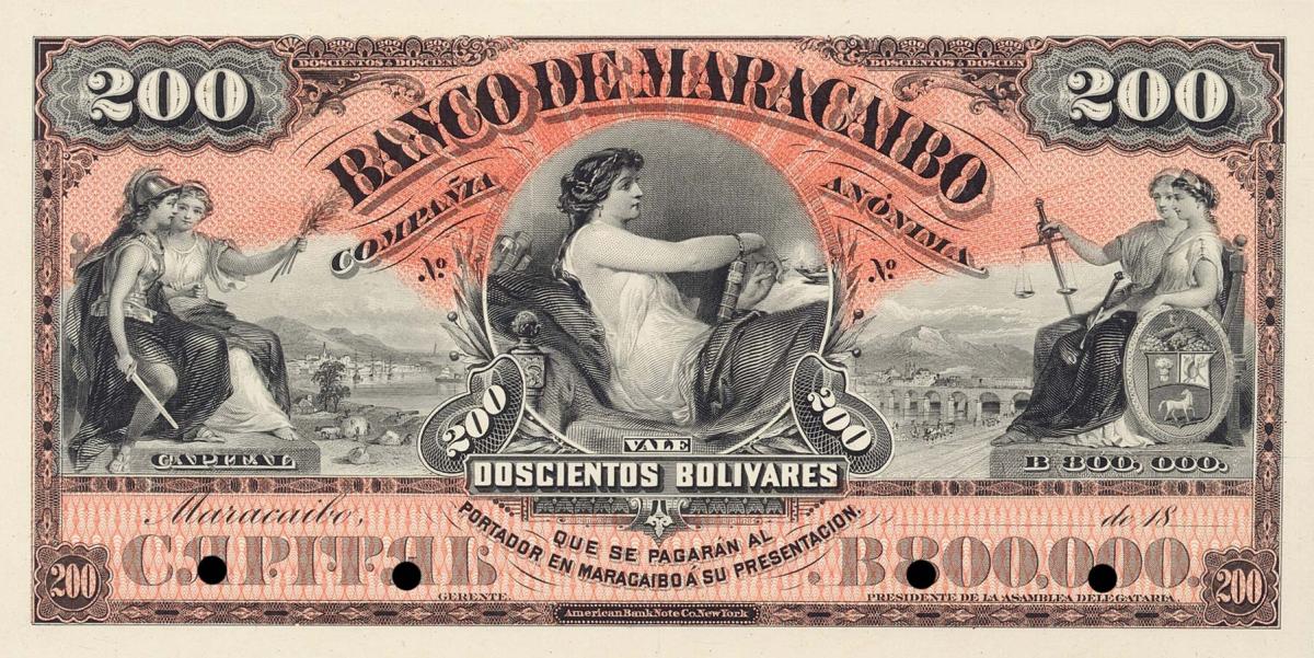 Front of Venezuela pS203: 200 Bolivares from 1889