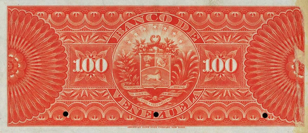 Back of Venezuela pS263s: 100 Bolivares from 1890