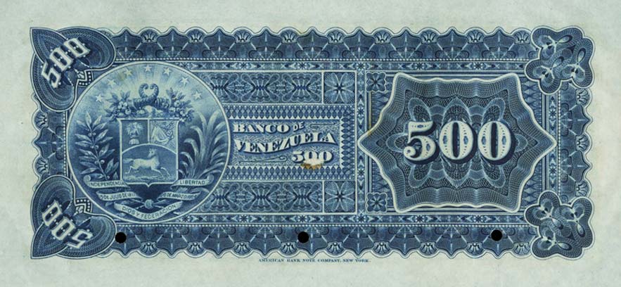Back of Venezuela pS264s: 500 Bolivares from 1890