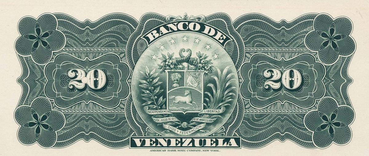 Back of Venezuela pS271p: 20 Bolivares from 1897