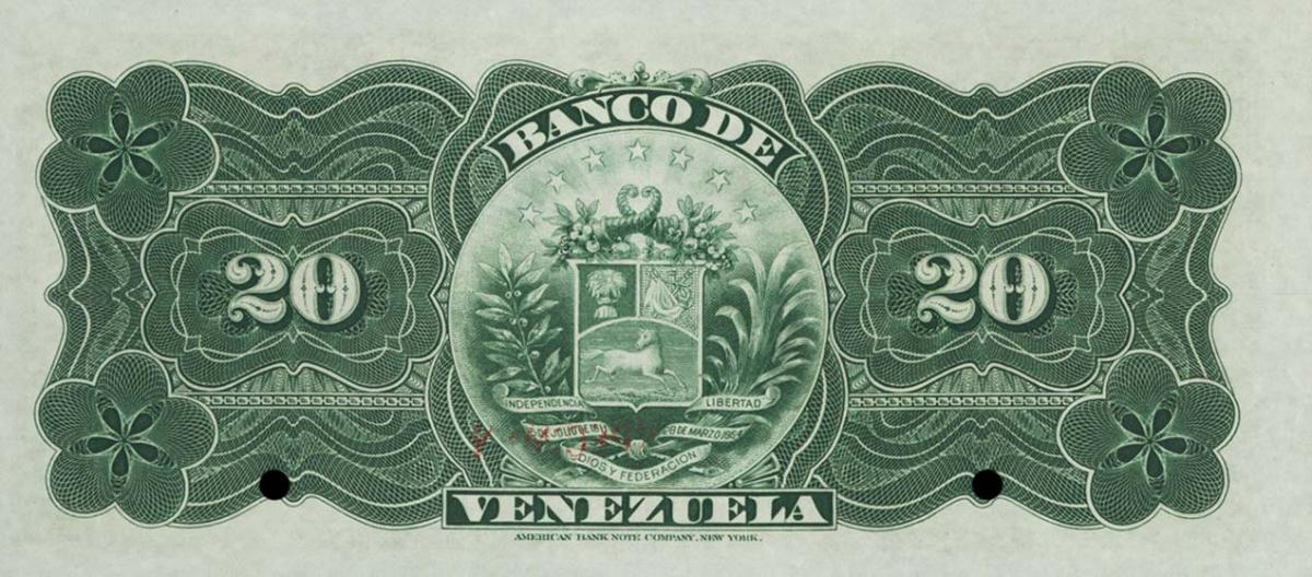 Back of Venezuela pS271s: 20 Bolivares from 1897