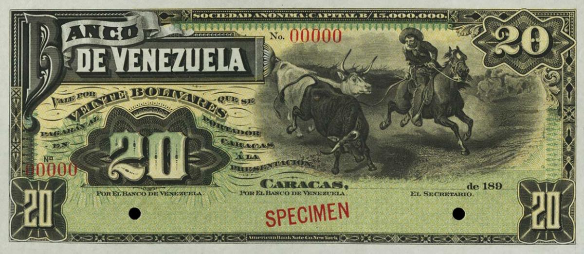 Front of Venezuela pS271s: 20 Bolivares from 1897