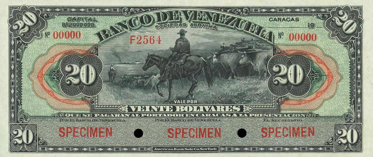 Front of Venezuela pS286s: 20 Bolivares from 1910