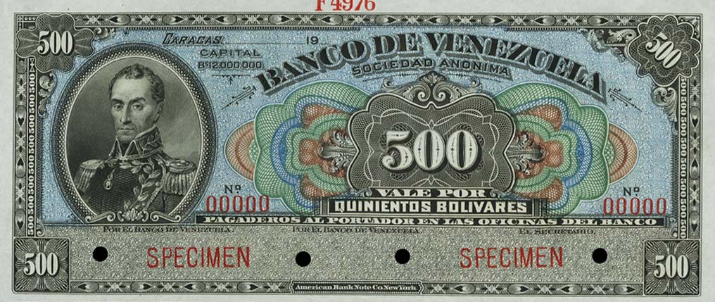 Front of Venezuela pS289p: 500 Bolivares from 1910