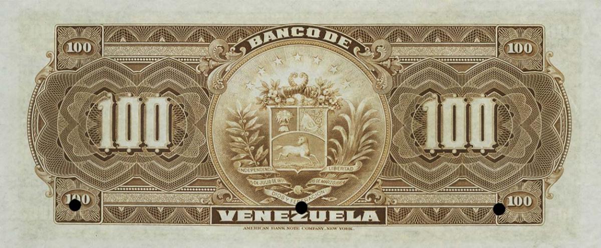 Back of Venezuela pS293s: 100 Bolivares from 1916