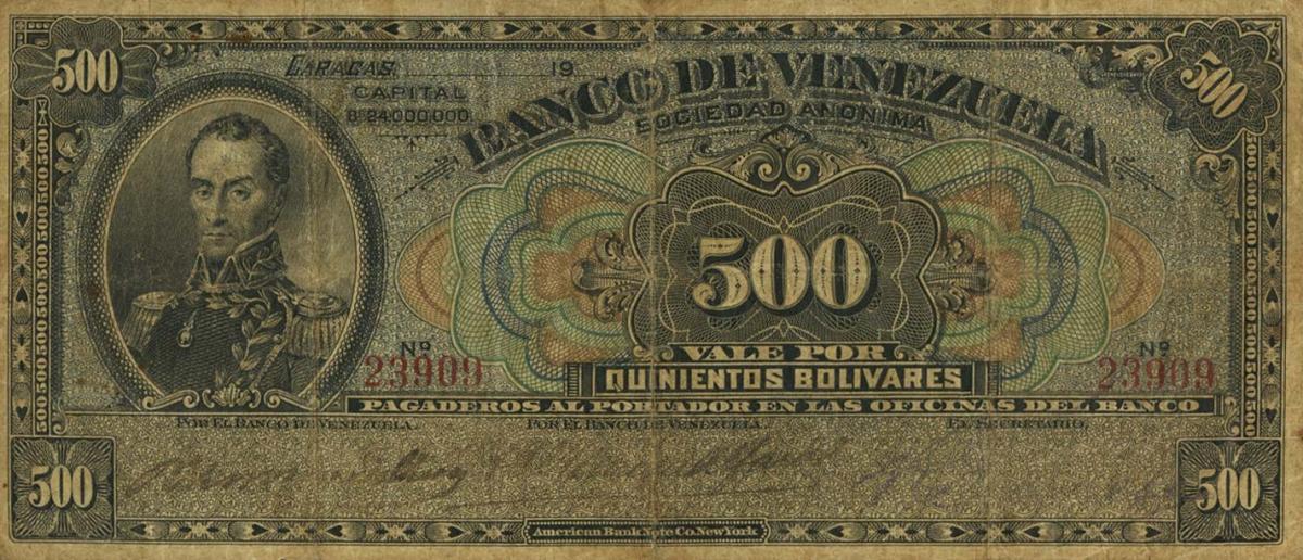 Front of Venezuela pS294a: 500 Bolivares from 1916