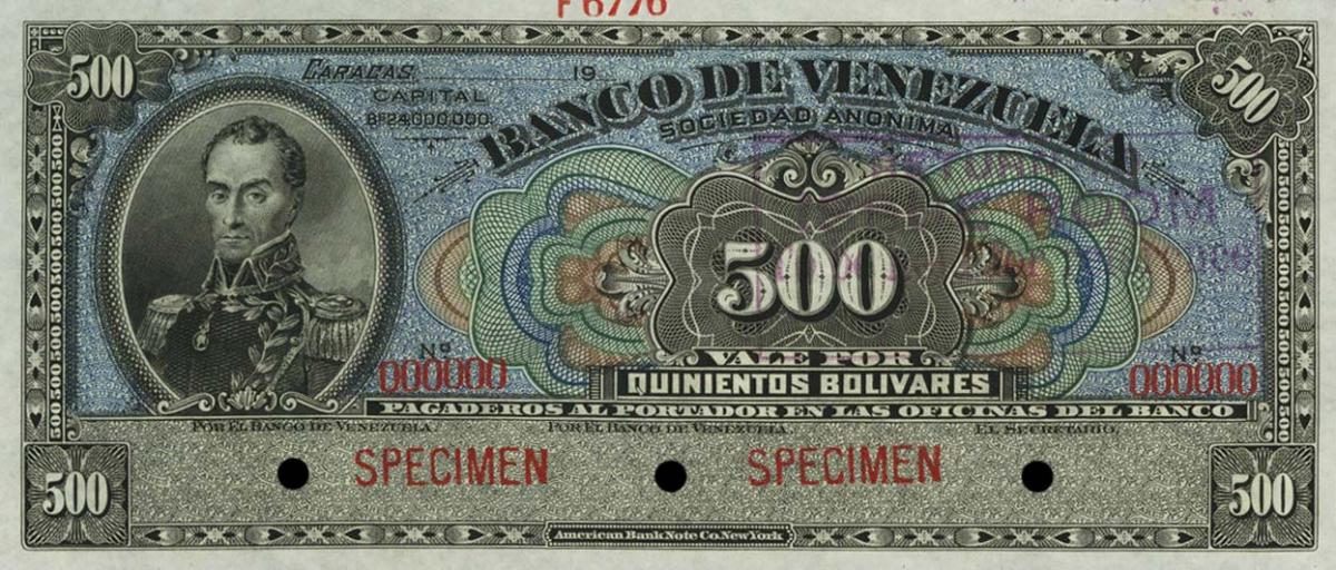 Front of Venezuela pS298s: 500 Bolivares from 1921