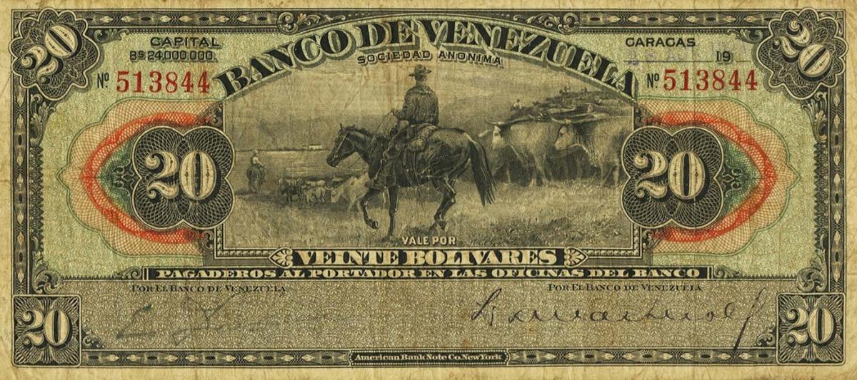 Front of Venezuela pS301a: 20 Bolivares from 1925