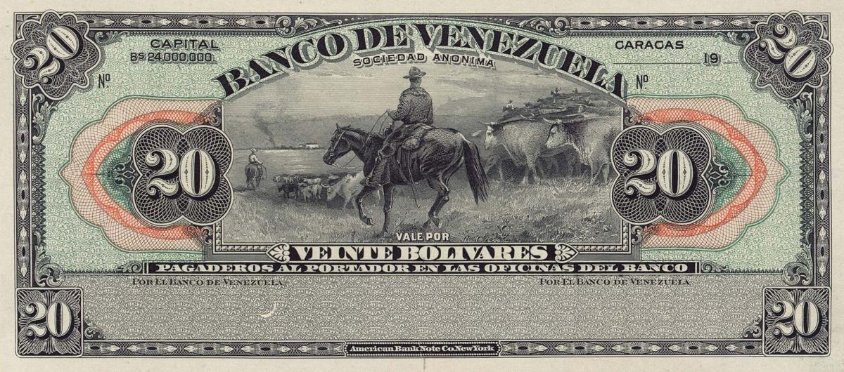 Front of Venezuela pS301p: 20 Bolivares from 1925