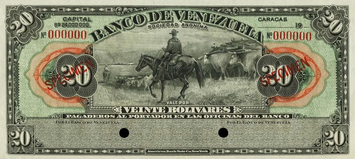 Front of Venezuela pS301s: 20 Bolivares from 1925