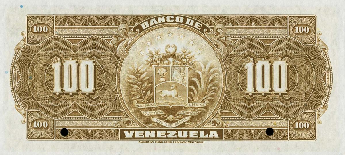 Back of Venezuela pS303s: 100 Bolivares from 1926