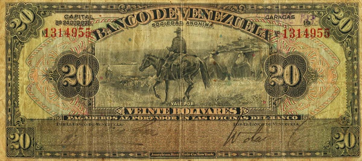 Front of Venezuela pS311a: 20 Bolivares from 1930