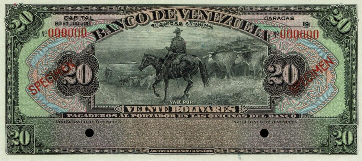 Front of Venezuela pS311s: 20 Bolivares from 1930