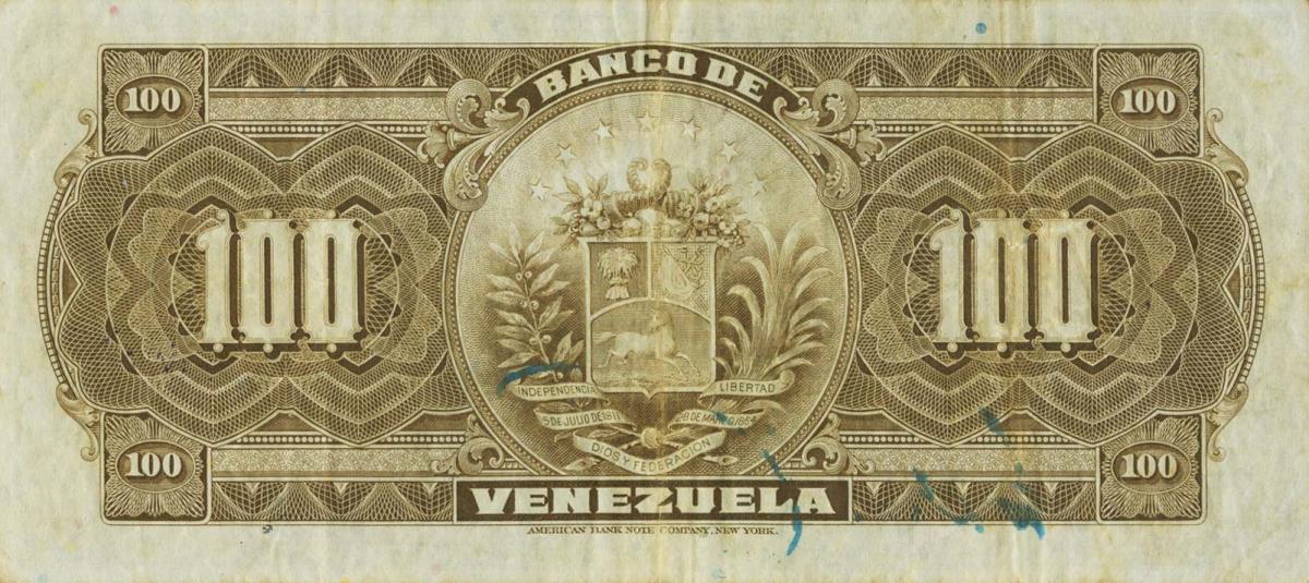 Back of Venezuela pS313a: 100 Bolivares from 1931