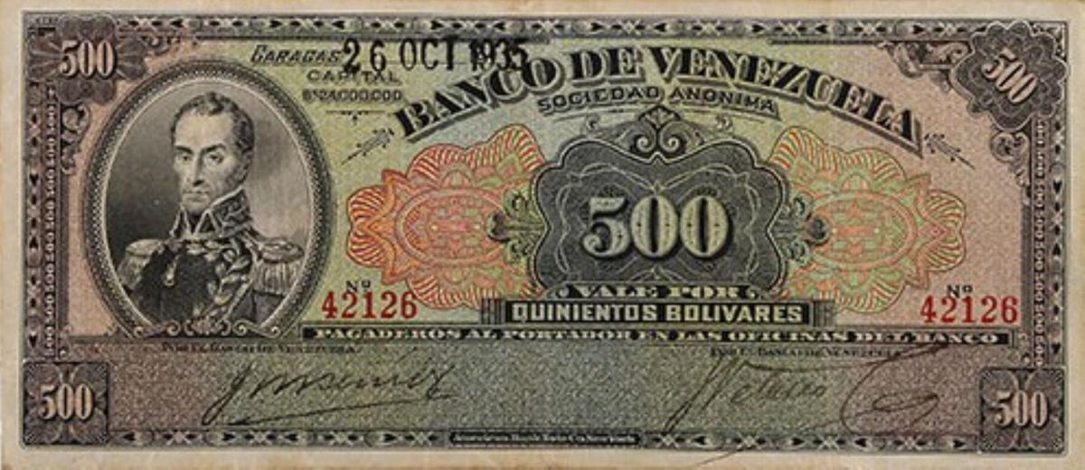 Front of Venezuela pS314a: 500 Bolivares from 1935