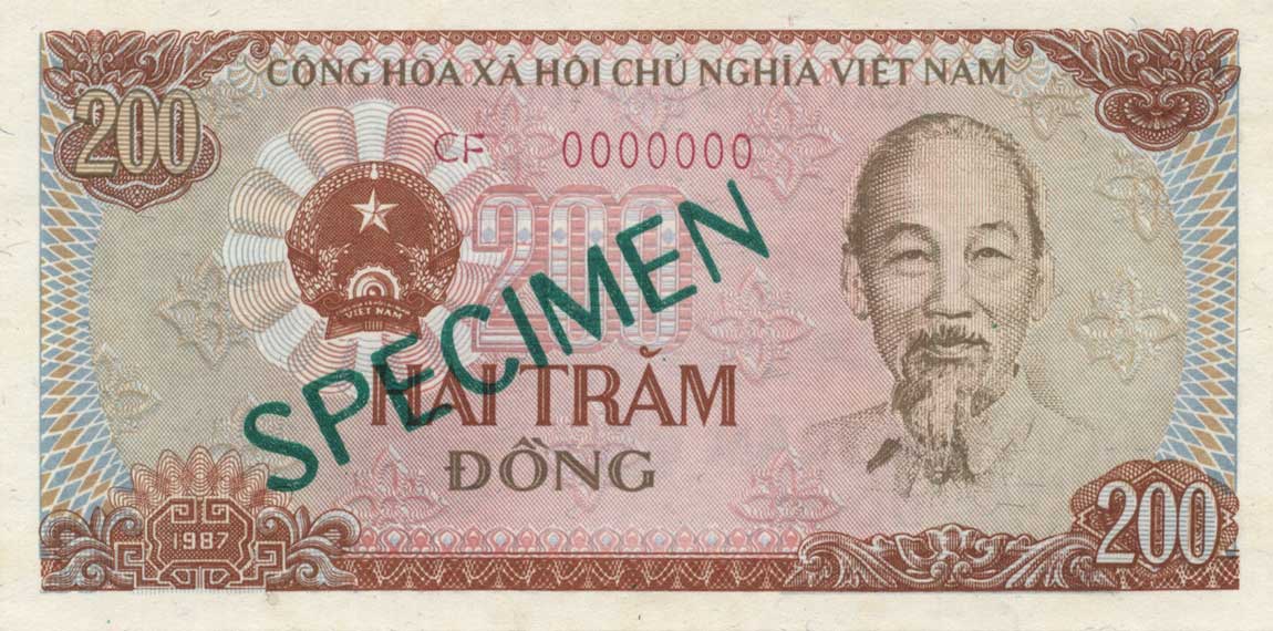 Front of Vietnam p100s: 200 Dong from 1987
